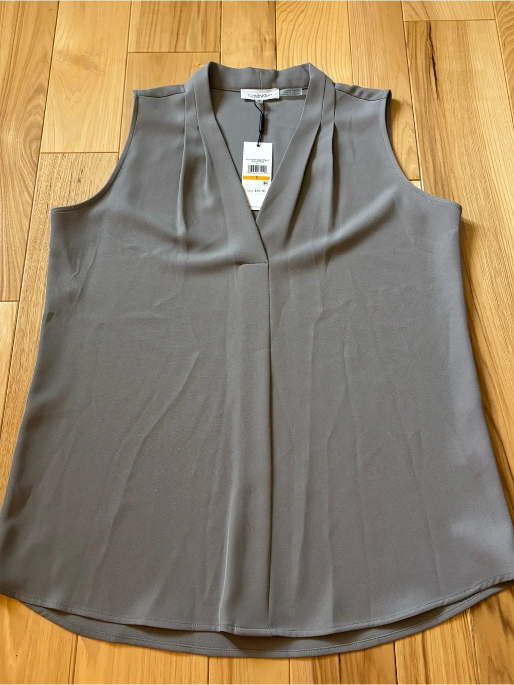 NEW Calvin Klein Gray V Neck Pleat Front Accent Sleeveless Top